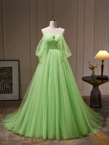 Shiny Off  Shoulder Green Tulle Long Prom Dresses， Off the Shoulde Green Long Formal Evening Graduation Dresses