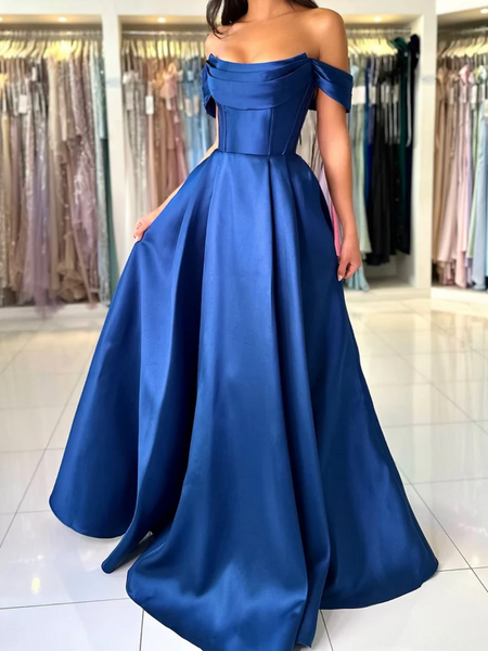 Off the Shoulder Royal Blue Satin Long Prom Dresses, Royal Blue Off Sh