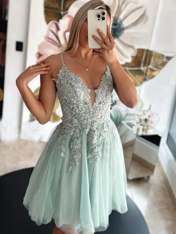 A Line V Neck Open Back Sage Lace Short Prom Dresses, Sage Lace Formal Evening Homecoming Dresses