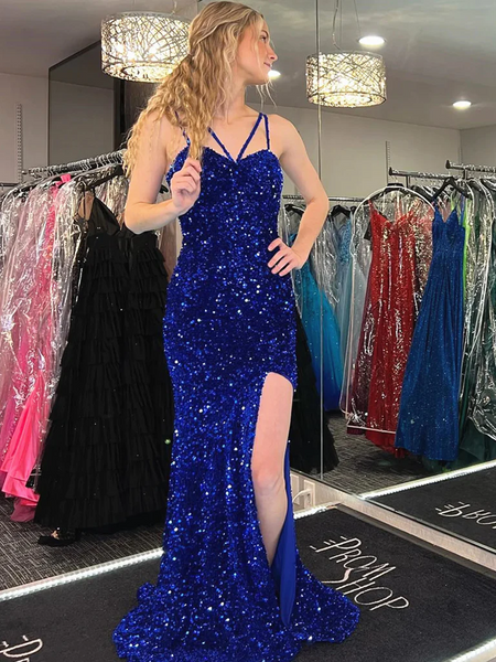 Royal Blue Sequins Mermaid Long Prom Dresses, Royal Blue Mermaid Long Formal Evening Dresses