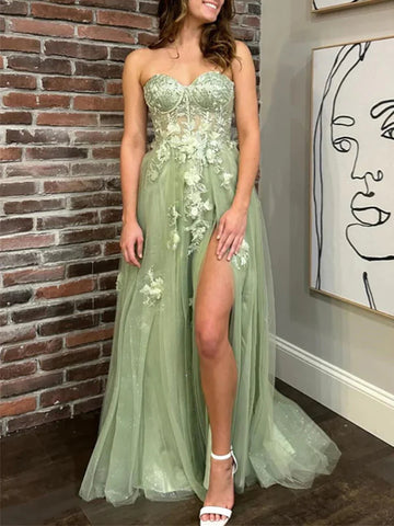 Strapless Sage Green Floral Tulle Long Prom Dresses with Slit,  A Line Sage Green Lace Tulle Formal Evening Dresses