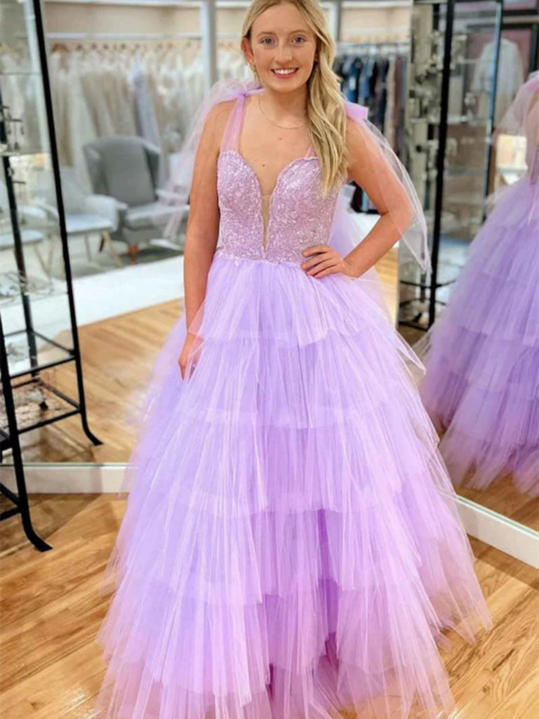 Flowy Prom Dress V Neck Purple High Low Tulle Long Prom Dresses, Purple V Neck Tulle Flowy Prom Dress V Neck Purple High Low Tulle Long Prom Dresses, Purple V Neck Tulle