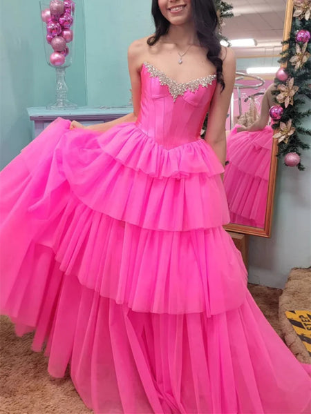 Strapless Beaded Layered Hot Pink Long Prom Dresses with High Slit, Hot Pink Tulle Long Formal Evening Dresses