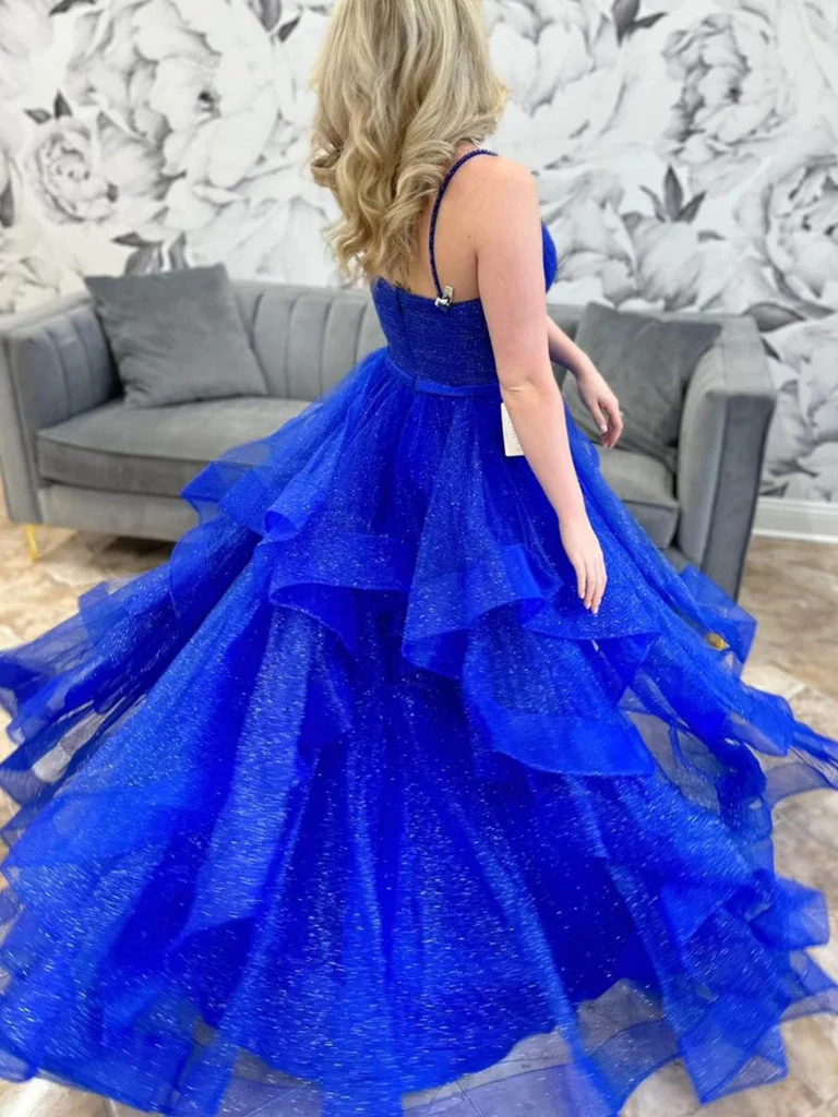 Shiny V Neck Blue Tulle Long Prom Dresses, Fluffy Blue V Neck Formal E morievent Shiny V Neck Blue Tulle Long Prom Dresses, Fluffy Blue V Neck Formal E morievent