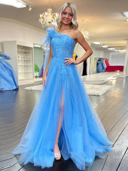 One Shoulder Blue Lace Long Prom Dresses with High Slit,  One Shoulder Blue Formal Evening Dresses