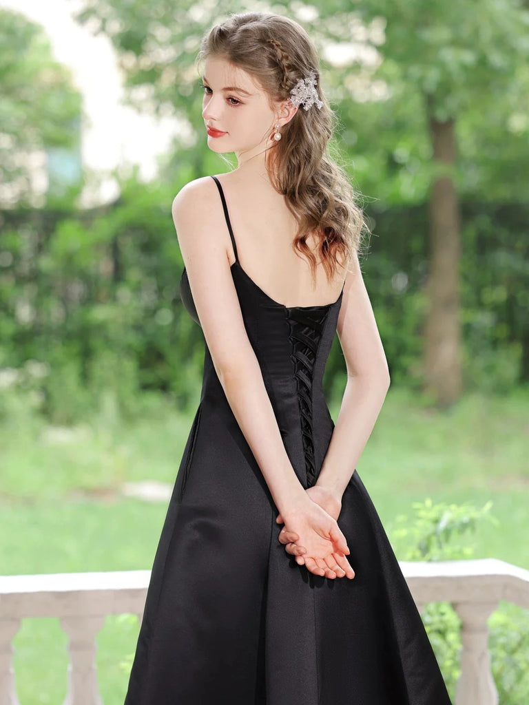 A Line V Neck Tea Length Satin Black Prom Dresses, A Line V Neck Tea L – morievent