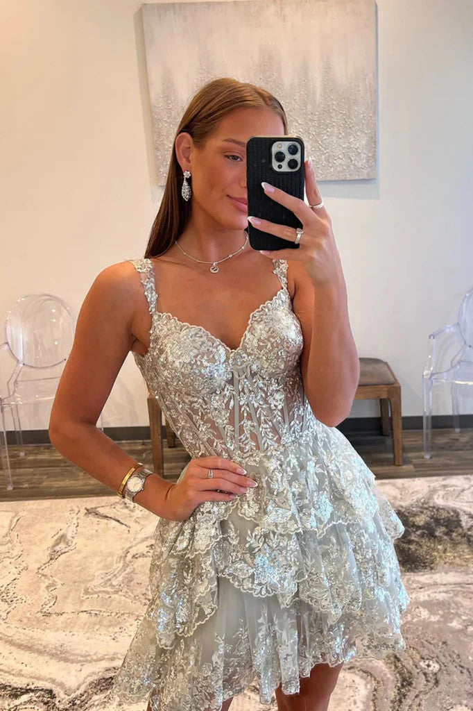 short silver homecoming dresses Off the Shoulder Silver Lace Short Prom Dresses, Fashion Silver Lace Layered Formal Evening Homecoming Dresses