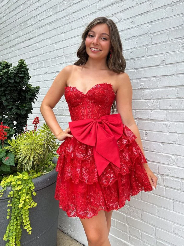 Strapless Sweetheart Neck Layered Red Lace Prom Dresses, Short Red Lac morievent Strapless Sweetheart Neck Layered Red Lace Prom Dresses, Short Red Lac morievent