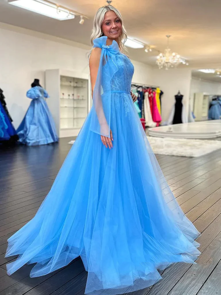 One Shoulder Blue Lace Long Prom Dresses with High Slit, One Shoulder