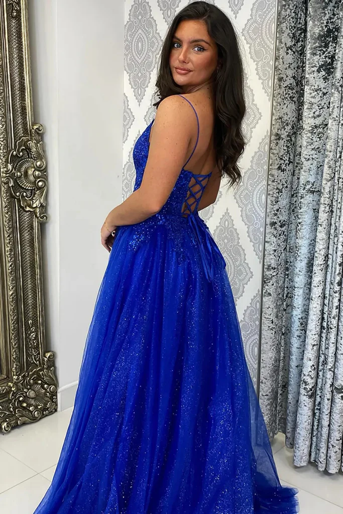 royal blue lace dress A Line V Neck Backless Royal Blue Lace Long Prom Dresses with High Sli – morievent