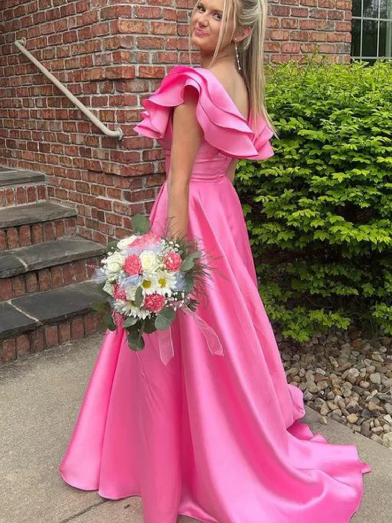 Hot Pink Cap Sleeves Satin Long Prom Dresses with High Slit, Hot Pink morievent Hot Pink Cap Sleeves Satin Long Prom Dresses with High Slit, Hot Pink morievent