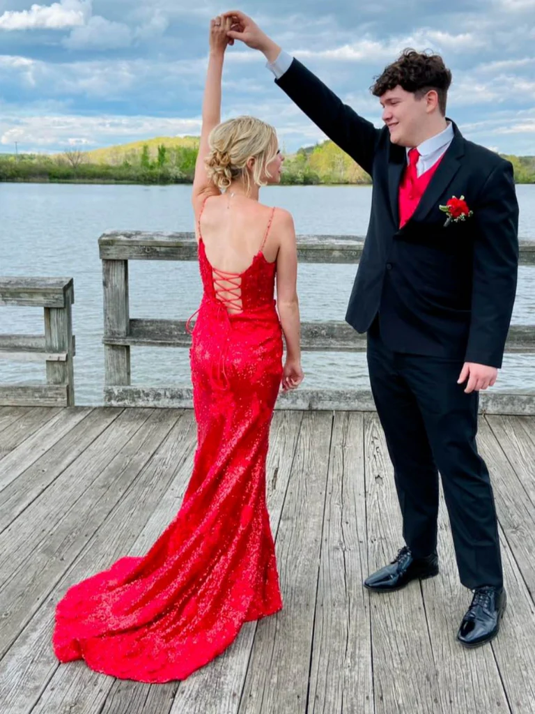 Open Back V Neck Red Lace Sequins Long Prom Dresses, Sequins Red Lace Formal Evening Dresses with Leg Slit Open Back V Neck Red Lace Sequins Long Prom Dresses, Sequins Red Lace Formal Evening Dresses with Leg Slit