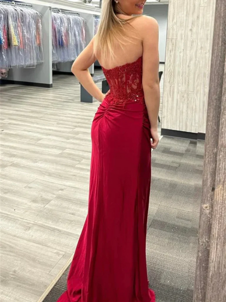 Strapless Mermaid Beaded Burgundy Lace Long Prom Dresses with High Slit, Sweetheart Neck Mermaid Burgundy Lace Formal Evening Dresses