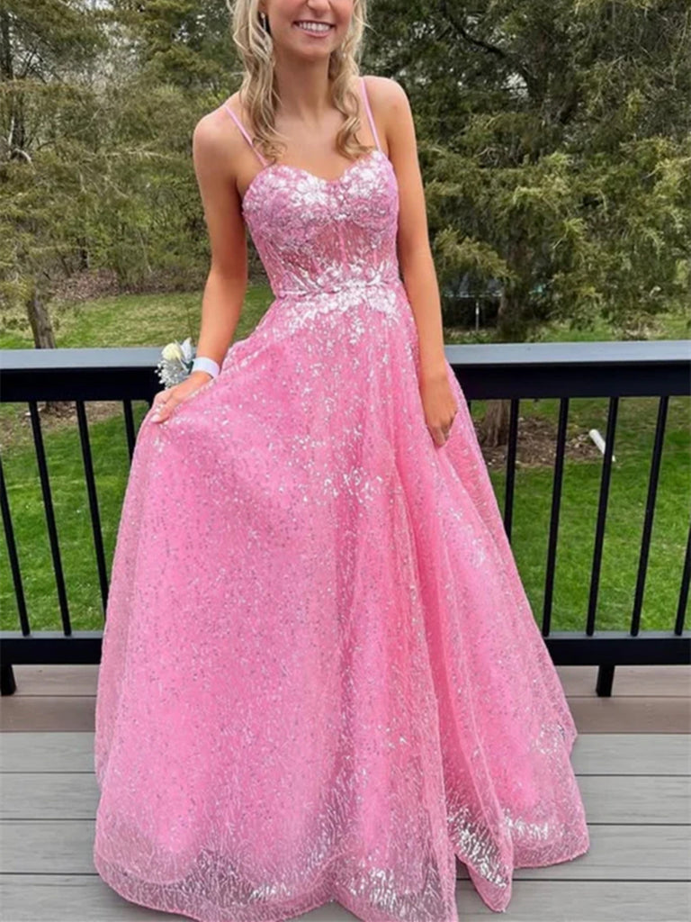 A Line Spaghetti Straps Sweetheart Neck Pink Lace Long Prom Dresses, Pink Lace Formal Evening Dresses