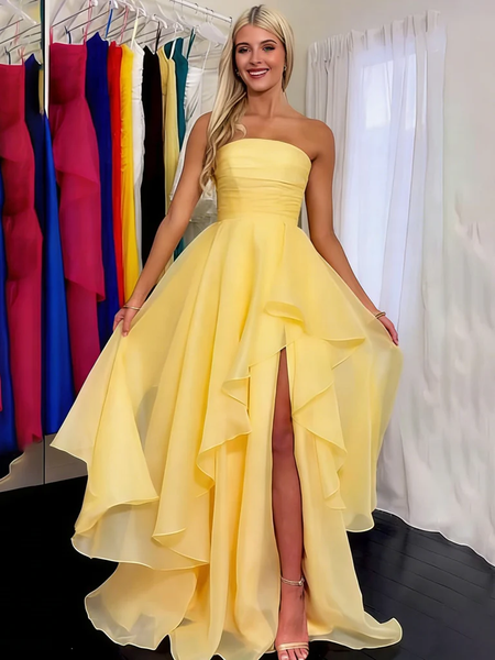 Strapless Yellow Organza Prom Dresses, Strapless Pleated Layered Yellow Organza Formal Evening Dresses