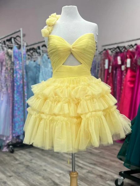 Princess One Shoulder Yellow Tulle Short Prom Dresses with Flowers, Short One Shoulder Yellow Formal Evening Homecoming Dresses