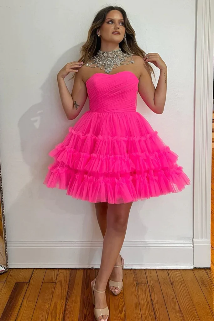 Strapless High Low Hot Pink Tulle Long Prom Dresses, Hot Pink Formal  Graduation Evening Dresses SP2520