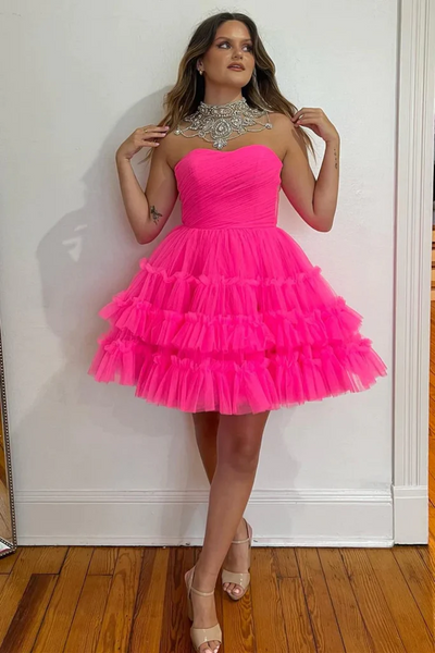Strapless Hot Pink Tulle Short Prom Dresses, Strapless Hot Pink Tulle Short  Formal Graduation Evening Homecoming Dresses