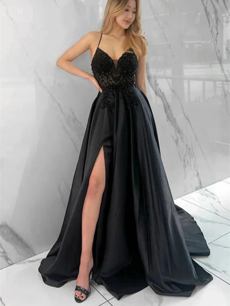 A Line Open Back Beaded Black Long Prom Dresses With High Slit, Long B morievent A Line Open Back Beaded Black Long Prom Dresses With High Slit, Long B morievent