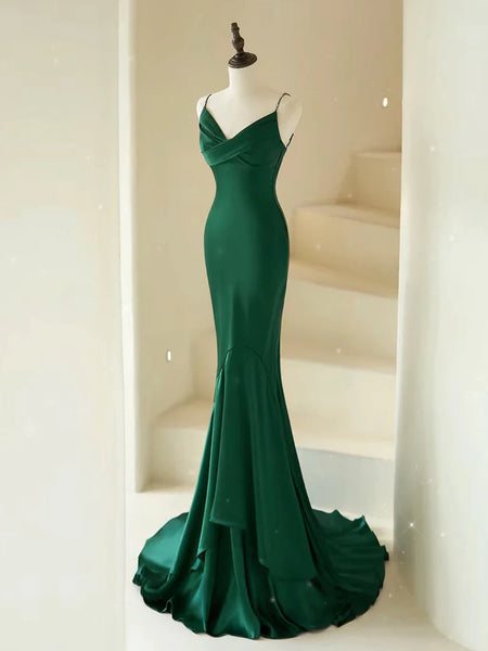 V Neck Mermaid Satin Green Long Prom Dresses, Green Mermaid Long Formal Evening Dresses