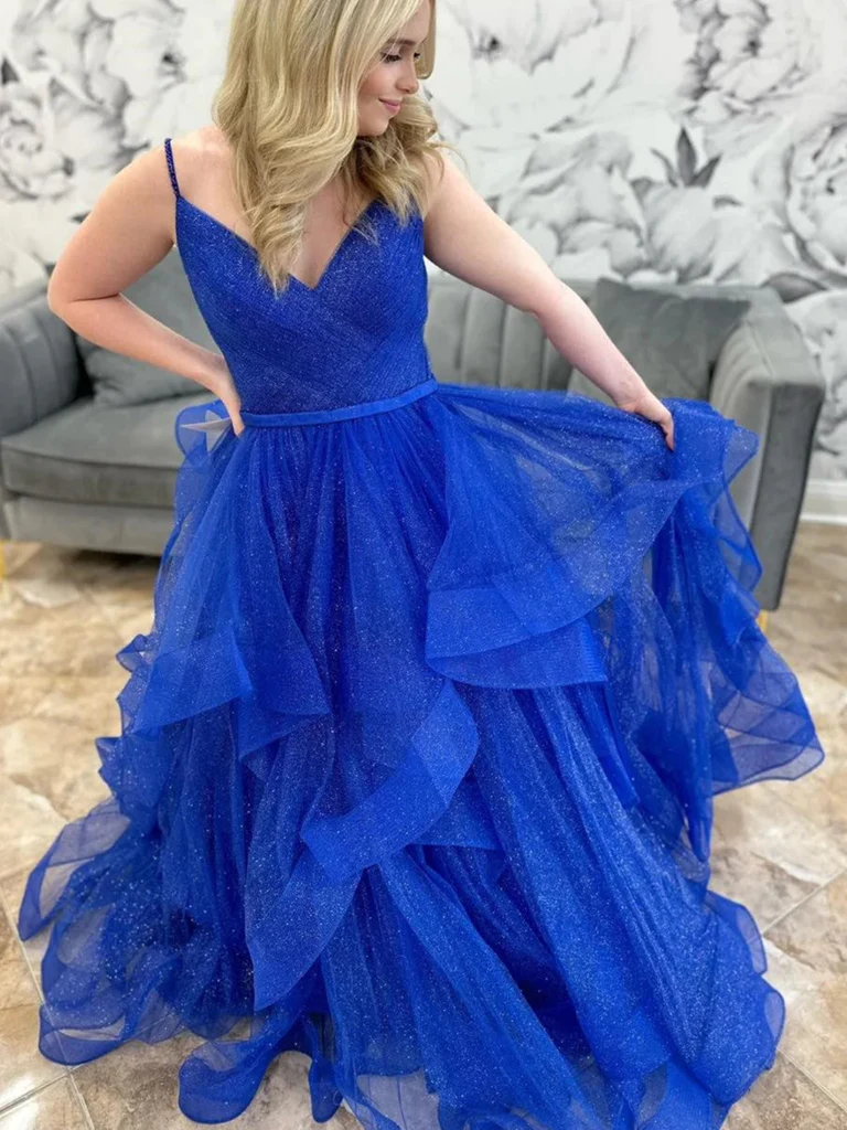 blue fluffy prom dresses Long Tiered Prom Dress with Puff Sleeves Light Blue / 4