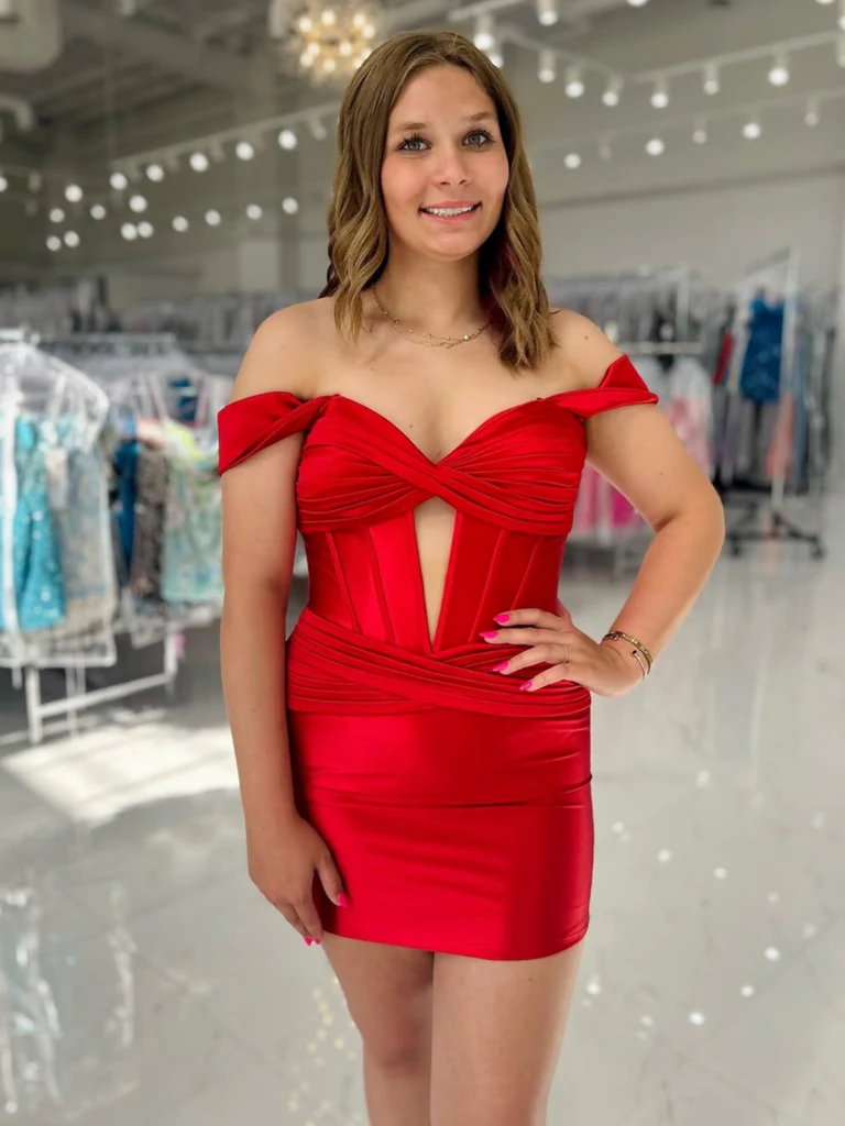 Off the Shoulder Short Red Mermaid Satin Prom Dresses, Mermaid Short Red Satin Formal Evening Homecoming Dresses