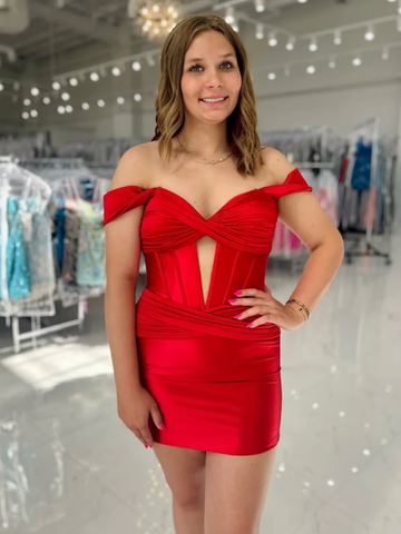 Off the Shoulder Short Red Mermaid Satin Prom Dresses, Mermaid Short Red Satin Formal Evening Homecoming Dresses