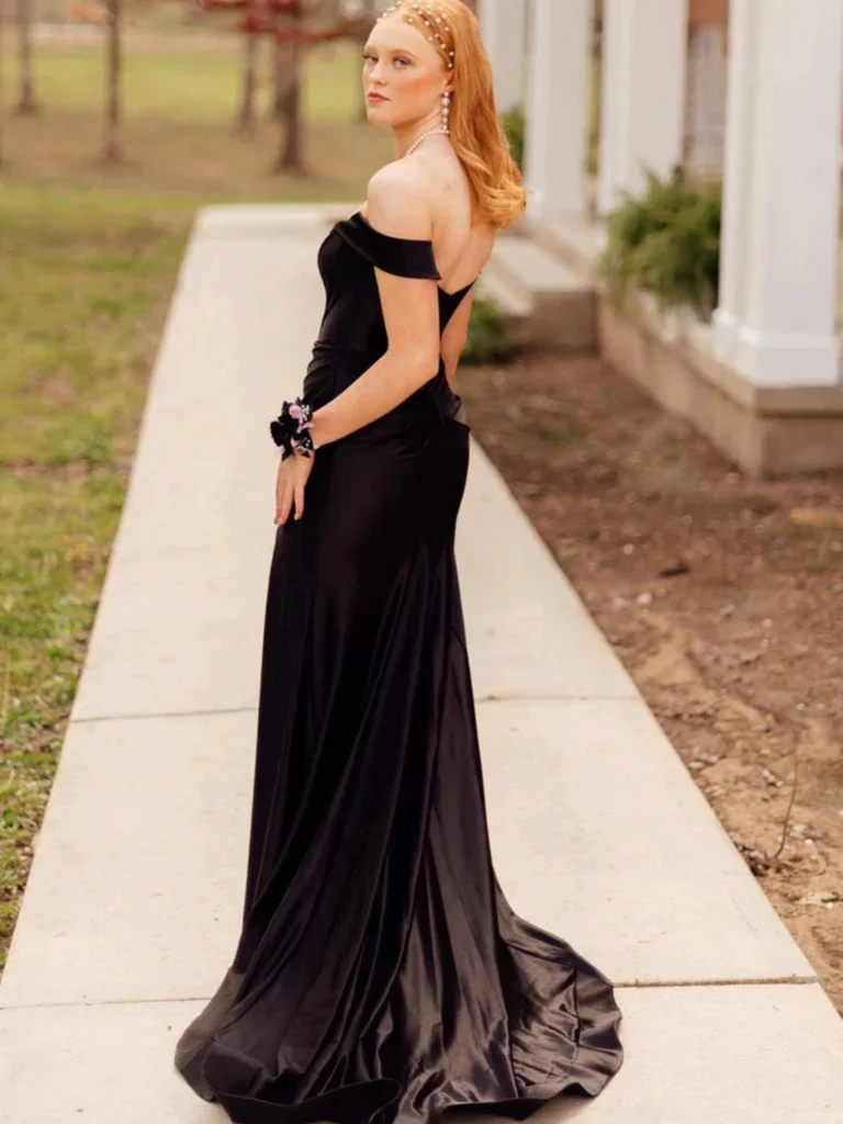 Off the Shoulder Black Satin Long Prom Dresses with High Slit, Off Sho morievent Off the Shoulder Black Satin Long Prom Dresses with High Slit, Off Sho morievent