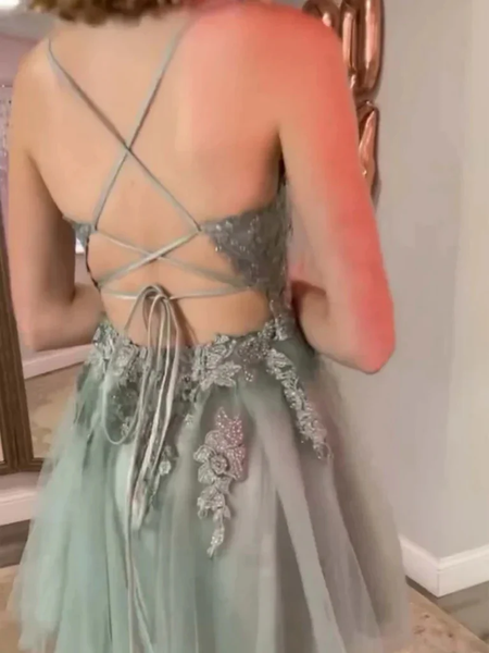 A Line V Neck Open Back Sage Lace Short Prom Dresses, Sage Lace Formal Evening Homecoming Dresses