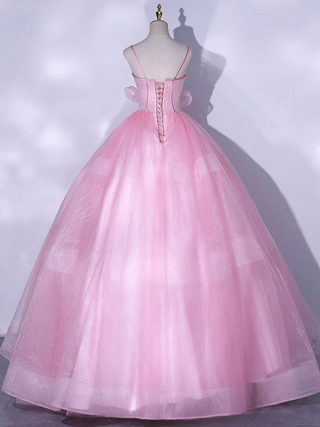 A Line Pink Tulle Lace  Prom Dresses, Lace Tulle  Pink Formal Evening Dresses