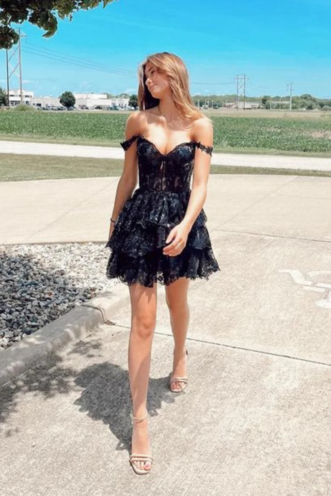 Shiny Off Shoulder Black Lace Short Prom Dresses, Shiny Off The Should morievent Shiny Off Shoulder Black Lace Short Prom Dresses, Shiny Off The Should morievent