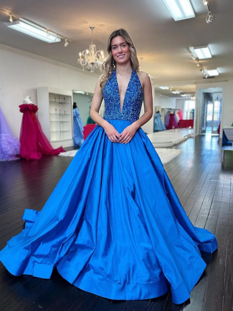 Halter V Neck Backless Blue Long Prom Dresses, V Neck Open Back Blue F morievent Halter V Neck Backless Blue Long Prom Dresses, V Neck Open Back Blue F morievent