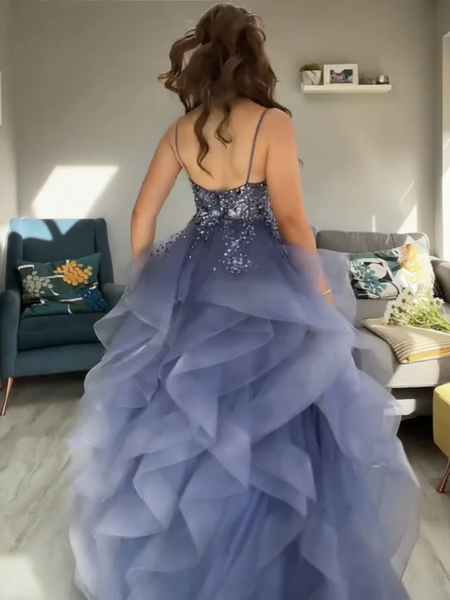 V Neck Blue Beaded Puffy Long Prom Dresses,  Blue Puffy V Neck Long Formal Evening Dresses