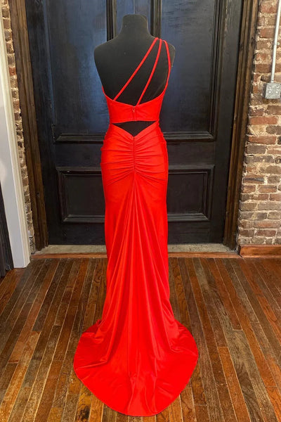 One Shoulder Red /Black Mermaid Long Prom Dresses with High Slit, Red /Black Mermaid Formal Evening Dresses