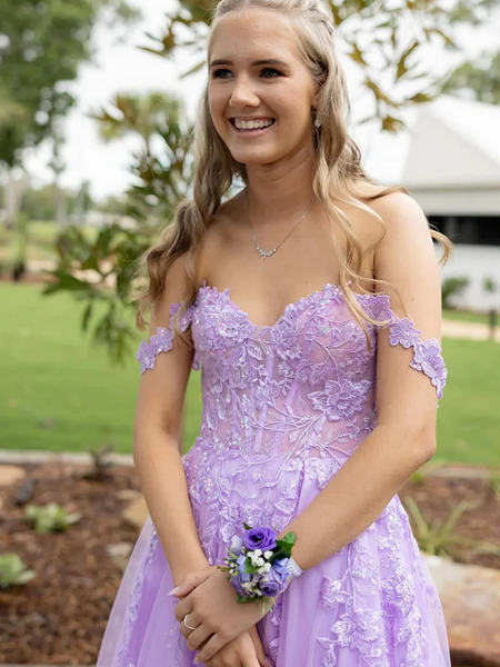 Off Shoulder Lavender Lace Long Prom Dresses with High Slit, Off the Shoulder Lilac Lavender Lace Formal Evening Dresses