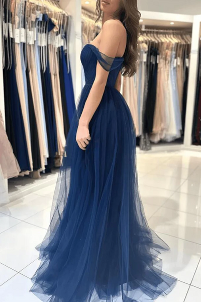 Simple Off Shoulder Navy Blue Tulle Long Prom Dresses, Off the Shoulder Formal Evening Dresses