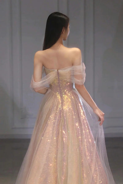 Shiny Sequins Tulle Long Prom Dresses,  Off the Shoulder Tulle Formal Evening Dresses