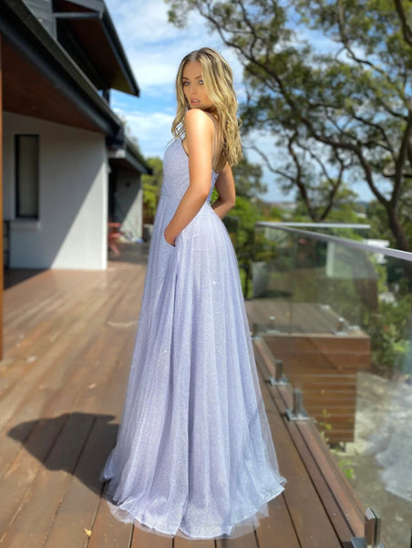 Shiny V Neck Blue Spaghetti Straps Long Prom Dresses, A Line Blue Formal Evening Party Dresses