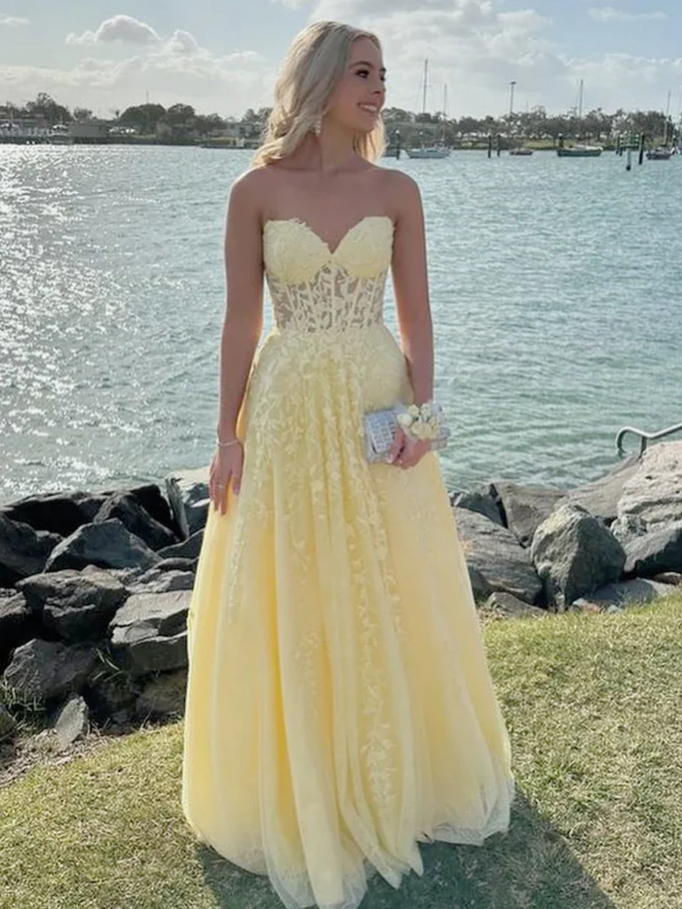 Cute A Line Sweetheart Neck Yellow Lace Prom Dresses, Sweetheart Neck morievent Cute A Line Sweetheart Neck Yellow Lace Prom Dresses, Sweetheart Neck morievent