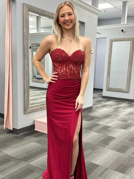 Sweetheart Neck Wine Red Long Lace Mermaid Prom Dresses, Burgundy  Lace Mermaid Long Formal Evening Dresses