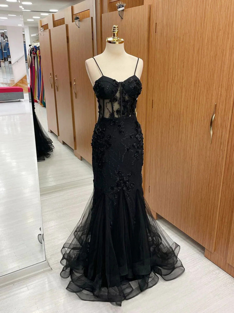 Sweetheart Neck Mermaid Black Lace Tulle Long Prom Dresses, Black Lace Mermaid Formal Evening Dresses