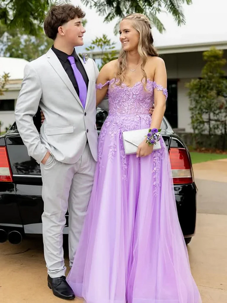 Off Shoulder Lavender Lace Long Prom Dresses with High Slit, Off the Shoulder Lilac Lavender Lace Formal Evening Dresses