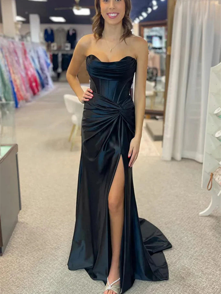 Strapless Mermaid Black Satin Long Prom Dresses with High Slit, Mermai morievent Strapless Mermaid Black Satin Long Prom Dresses with High Slit, Mermai morievent