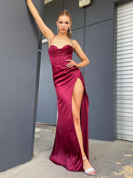 Simple Mermaid Sweetheart Neck Burgundy Long Prom Dresses with High Slit, Long Wine Red Backless Formal Graduation Evening Dresses