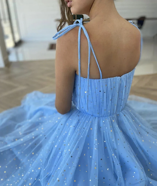 Blue Tea length Tulle Prom Dresses, Spaghetti Straps Blue Tea Length Formal Homecoming Dresses