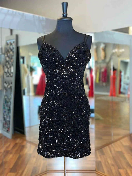 Shiny Backless V Neck Black Purple Short Sequins Prom Dresses, Shiny V Neck Black Purple Short Sequins Formal Evening Dresses