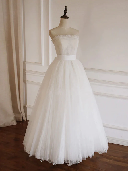 Strapless A Line  White Tulle Long Prom Dresse, A Line Long White Formal  Evening Graduation Dresses