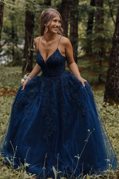 V Neck Navy Blue Lace Long Prom Dresses, Navy Blue Lace Formal  Evening Dresses