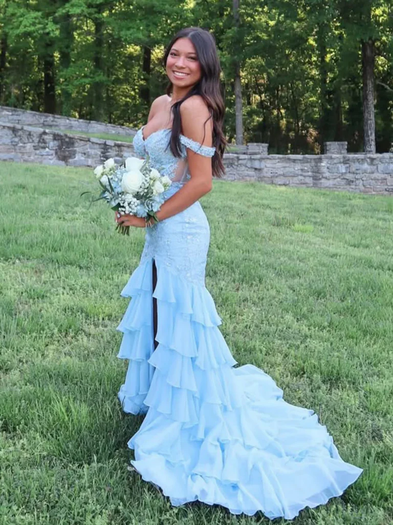 Off the Shoulder Light Blue Lace Long Prom Dresses with Slit, Off Shou morievent Off the Shoulder Light Blue Lace Long Prom Dresses with Slit, Off Shou morievent