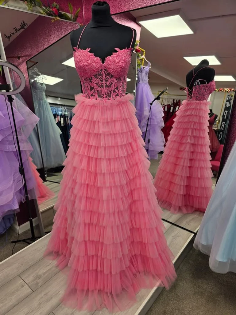 A Line V Neck Open Back Ruffle Pink Lace Long Prom Dresses, Pink Lace Formal Evening Dresses